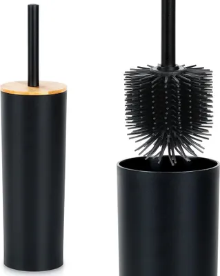 A black toilet brush with a black silicone head and a black metal holder with a wooden lid, shown both assembled and with the brush removed from the holder.