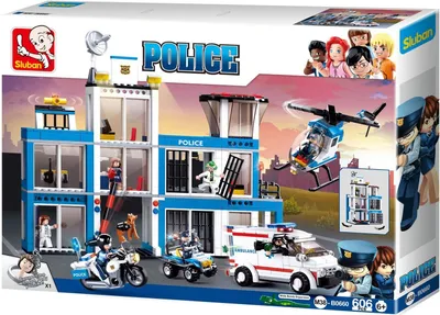 The image shows the packaging of a Sluban Police Station building block set, featuring the police station, vehicles, and figures.