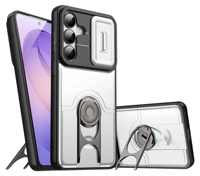 Obrázek produktu pro Pouzdro pro Samsung Galaxy S24 / S25, Posuvným krytem fotoaparátu a kroužkovým stojánkem, nárazuvzdorné ochranné pouzdro Stříbrná
