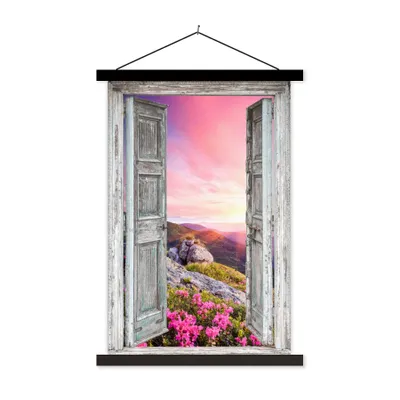Produktbild von MuchoWow® Textilposter Berge - Landschaft - Aussicht - Blumen 60x90 cm mit schwarzem Rahmen - Poster Wohnzimmer