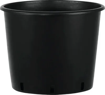A black plastic plant pot is shown against a white background.