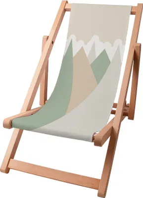 A wooden deck chair with a fabric seat featuring a mountain landscape print.