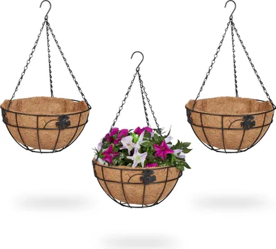 Produktbild von Relaxdays Blumenampel 3er Set, Metallkorb & Kokoseinlage, H x D: 48 x 31 cm, Hängepflanzen, innen & außen, braun/schwarz