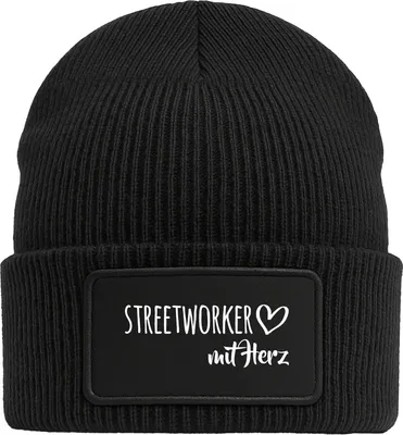Produktbild von Huuraa Beanie Streetworker mit Herz Black doppellagige Polyacryl Mütze mit Patch Geschenkidee