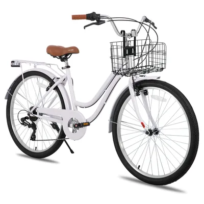 Produktbild von Hiland 26 Zoll 7 Gang Pendler Stadtfahrrad für Männer und Frauen, Step-Through Rahmen Cityräder für Erwachsene mit Gepäckträger und Korb, Fender