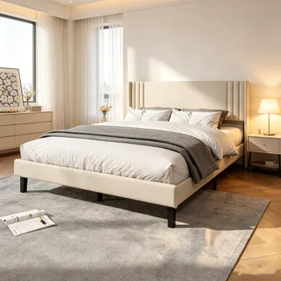 Produktbild von INONEFT Boxspringbetten Polsterbett 140x200 cm,Doppelbett mit Lattenrost–Stabiles Bettgestell aus Holz & Metall,Jugendbett mit Kopfteil,Beige,Leinen