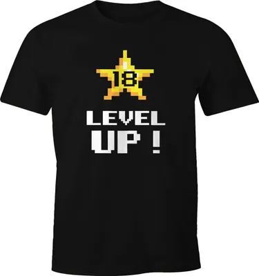 Produktbild von Herren T-Shirt Geburtstag Level Up Pixel-Stern Retro Gamer Pixelgrafik Geschenk Arcade Fun-Shirt Moonworks® 18 schwarz M
