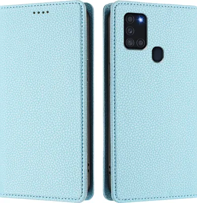 Produktbild von Litchi Leder Handyhülle für Samsung Galaxy A21S Wallet Kartenfächer Standfunktion Hülle Hellblau