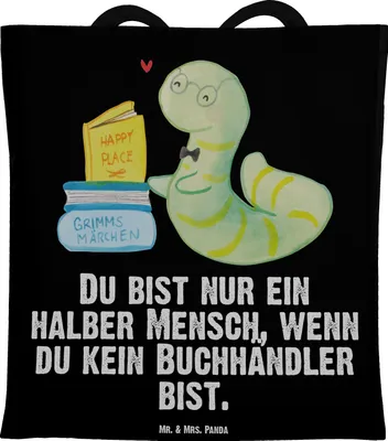 Produktbild von Mr. & Mrs. Panda Tote Bag Buchhändler Herz - Schwarz - Geschenk, Bücherwurm, Lustig, Tasche, Uni, Shopping, Laptoptasche, Beruf, Spruch, Buchhandlung, Schultasche