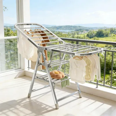 Image de Étagère à linge pliable - Réglable en hauteur - Avec ailes et espace pour chaussures - Structure métallique autoportante - Gain de place - Argenté, taille M