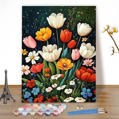Zdjęcie produktu dla Zestaw do malowania po numerach dla dorosłych, motyw: kwiaty, wymiary 40x50 cm, płótno, farby akrylowe, pędzle, zestaw kreatywny