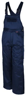 A pair of navy blue insulated bib overalls.