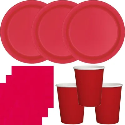 Produktbild von Party Deko Set Rot Einweggeschirr für 14 Personen Teller, Becher, Servietten