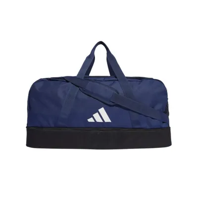 A blue Adidas duffel bag with a black bottom section and a white Adidas logo.