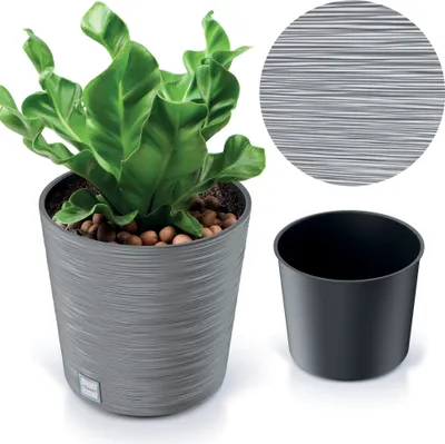 A plant in a gray textured pot, with a separate black inner pot and a circular graphic showing a pattern.