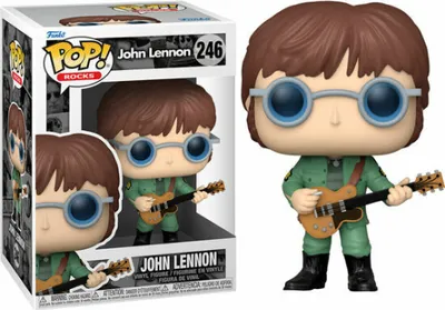 A Funko Pop! vinyl figure of John Lennon in his military jacket, shown inside its packaging.
