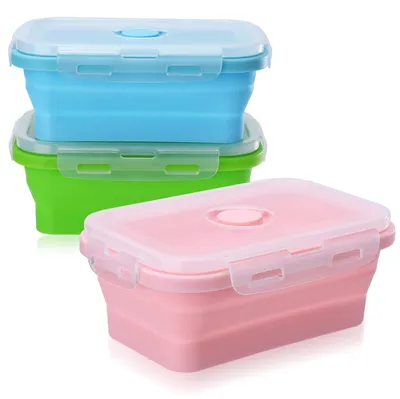 Productafbeelding van Opvouwbare vershoudbakjes met deksel - Set van 3 stuks, elk met een inhoud van 500 ml - Geschikt voor kamperen, wandelen en reizen - Siliconen, verkrijgbaar in verschillende kleuren