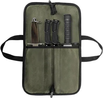 Produktbild von Messerrolle für Köche, Messerhalter mit 4 Fächern, aus strapazierfähigem, gewachstem Canvas, wasserdichte Messerrolle mit Tragegriff, ideal für Hobbyköche