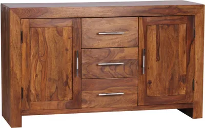 Produktbild von Sideboard Massivholz Sheesham Kommode 118 cm 3 Schubladen 2 Türen Design Highboard Landhaus-Stil braun natur