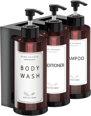 Zdjęcie produktu dla Dozowniki mydła - zestaw 3 sztuki - montowane na ścianie - pompki do szamponu o pojemności 300 ml z etykietą - idealne do łazienki, kuchni lub hotelu - wielokrotnego napełniania, przeznaczone do lotionów