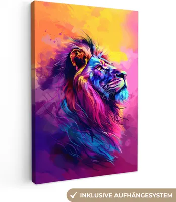Zdjęcie produktu dla MuchoWow® - Obraz na płótnie - Lew - Kolor - Kolory - Zwierzę, obraz na ścianę, dekoracja ścienna, obrazy do salonu, 60x90cm
