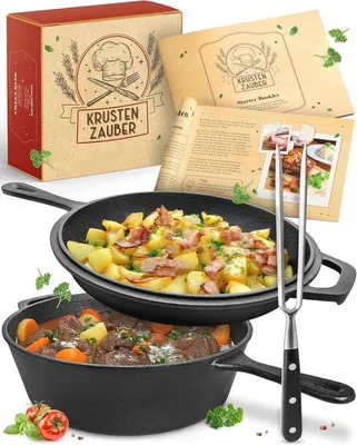 Image de Poêle en fonte de 26 cm avec couvercle - poêle robuste pour four et cuisinière à induction - idéale comme casserole