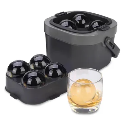 Produktbild von Transparente Eiswürfelform 6 cm,Eiswürfel Silikonformen mit Isolierbox und Deckel,4 Kugeln Eiswürfelbehälter für Longdrinks und Bar