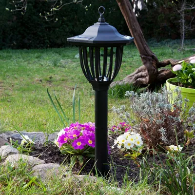 A black solar garden lamp stands in a garden bed with flowers and greenery.