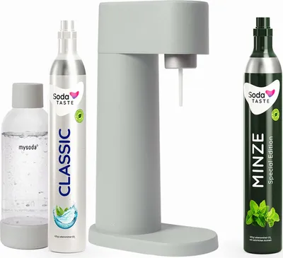 A soda maker, a reusable water bottle, and two CO2 cylinders are displayed against a white background.