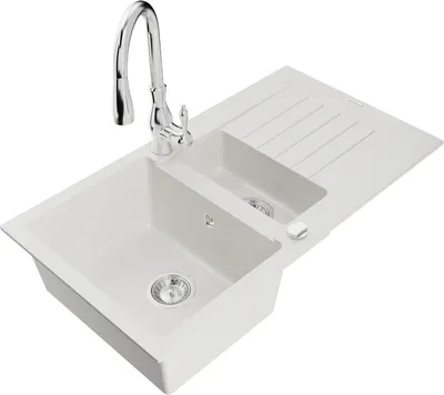 Produktbild von Mexen Matias 1,5-Becken-Granitspüle mit Abtropffläche und Mischbatterie Savita, Weiß - 6502-20-672601-00