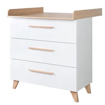 Immagine prodotto di roba Leon fasciatoio, piano estraibile, 3 cassetti - Maniglie e piedini di legno - Decoro bianco / rovere Othello