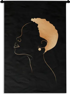 Produktbild von MuchoWow® Wandteppich Wandbehang Frau - Strichzeichnung - Schwarz und Gold 90x135 cm Tapisserie Dekoration Wandtuch - Baumwolle - Wandskulptur