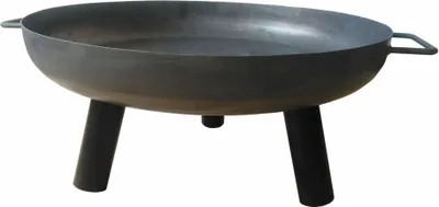 A black metal fire bowl with three legs, shown from a slightly elevated side angle on a white background.