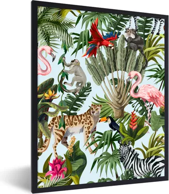 Produktbild von MuchoWow® Gerahmtes Poster Dschungel - Tiere - Mädchen - Kinder - Jungen - Flamingo - Papagei 60x80 cm - Poster mit Schwarzem Bilderrahmen Wandposter Rahmen Foto Bilder - Premium - Wanddeko Wohnzimmer