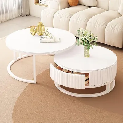 Imagen del producto de Mesa de centro redonda blanca de mármol con espacio de almacenamiento. Juego de 2 mesas redondas blancas, de 50 y 70 cm. Mesa de centro moderna para sala de estar con cajón de madera. Juego de mesas para sala de estar. Mesa extensible. Mesas de centro