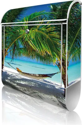 Produktbild von banjado Design Briefkasten Stahl weiß mit Zeitungsfach pulverbeschichtet "Strand" 38x46x12,5cm & 2 Schlüssel - Postkasten A4 Einwurf inkl. Montagematerial [BK 10027]