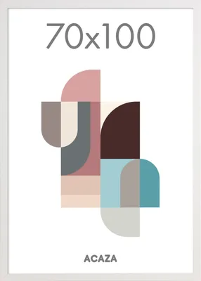 A framed abstract art piece with geometric shapes and text.