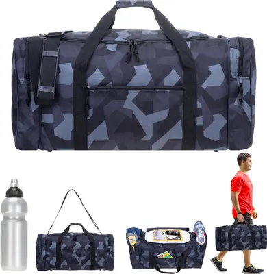 Produktbild von Sporttasche Herren Jungen XL Spear Gym 68 cm 65 Liter Large Reisetasche Saunatasche Gymbag Freizeittasche Sport Tasche 658 XXL Fußballtasche Cyber Camo Grau + Trinkflasche