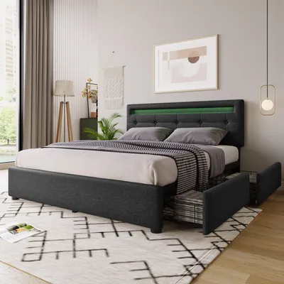 Productafbeelding van Bedframe 140x200, met LED-verlichting, 4 lades, inclusief matras, verstelbaar hoofdeinde, lattenbodem (grijs)