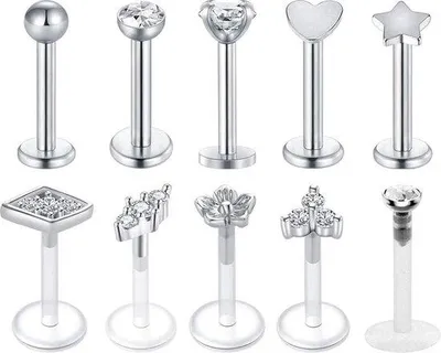 Zdjęcie produktu dla Zestaw do piercingu wargi Unyqoos® – 10 sztuk, rozmiar 16G (1,2 mm), długość 8 mm, typ: labret/monroe, tragus/helix, wykonane ze stali chirurgicznej 316L i akrylu z cyrkoniami, kolor srebrny