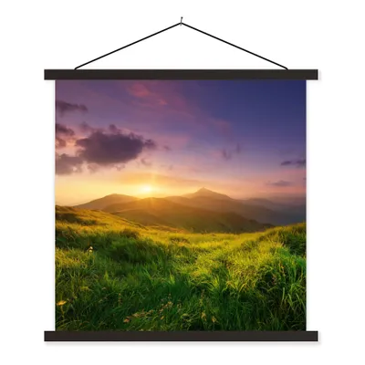 Produktbild von MuchoWow® Textilposter Berge - Sonne - Natur 120x120 cm mit schwarzem Rahmen - Aufhängungsset