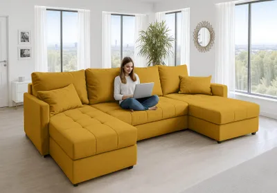 Image de AX LIVING Canapé d'angle grand Dolceo 287 cm Canapé jaune avec fonction sommeil