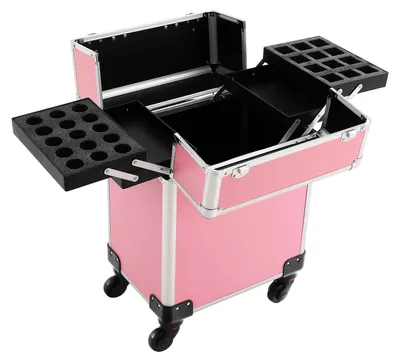 Immagine prodotto di Valigetta per trucco con rotelle - Trolley per cosmetici - Con serratura e chiavi - Ampia capienza - Alluminio - Per parrucchieri e viaggi - Rosa