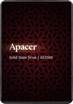 A marketing image for an Apacer Solid State Drive with a geometric red and black background.