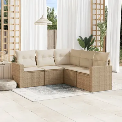 Produktbild von Design 5-tlg. Garten-Sofagarnitur mit Kissen Beige Poly Rattan, Gartensofas 2024 Neu