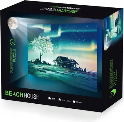 A product box for a fluorescent puzzle featuring a night scene with the aurora borealis and a beach house.