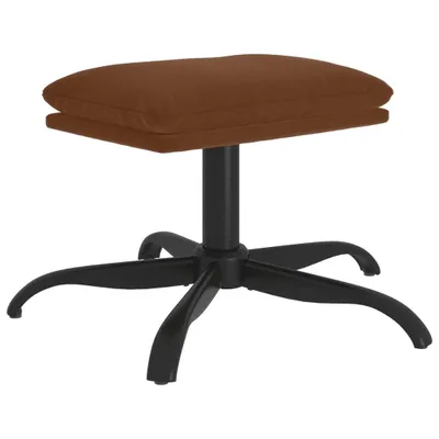A brown upholstered footstool with a black metal base is shown against a white background.