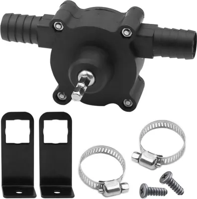 A black drill pump with attached hose fittings, along with mounting brackets, hose clamps, and screws, displayed against a white background.