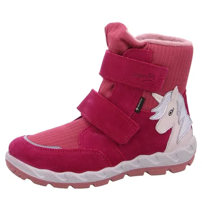 A single pink winter boot with a unicorn design is shown against a white background.
