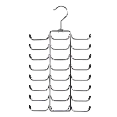 A chrome-plated metal tie and belt hanger with multiple hooks.